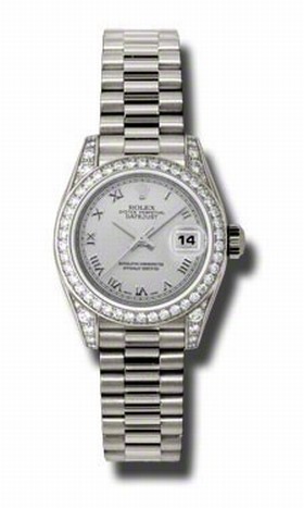Rolex Lady Datejust Silver Roman Dial 18k White Gold Diamond Bezel and Case President Bracelet Watch 179159SRP
