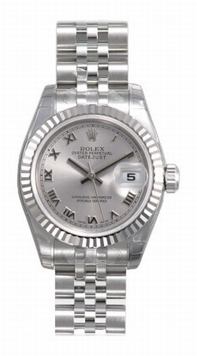 Rolex Datejust Silver Roman Dial Jubilee Bracelet 18k White Gold Fluted Bezel Ladies Watch 179174SRJ