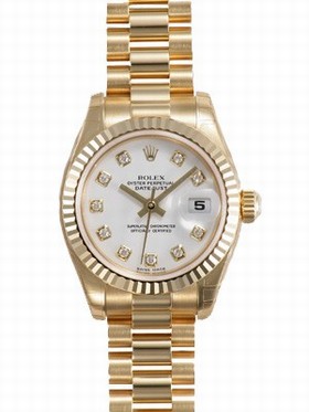 Rolex Lady Datejust White Diamond Dial 18k Yellow Gold Case and Bezel President Bracelet Watch 179178WDP