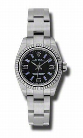 Rolex No Date Black Arabic and Blue Stick Dial 18k White Gold Fluted Bezel Stainless Steel Oyster Bracelet Ladies Watch 176324BKABLSO
