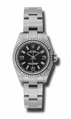 Rolex No Date Black Arabic and Pink Stick Dial 18k White Gold Fluted Bezel Stainless Steel Oyster Bracelet Ladies Watch 176324BKAPSO
