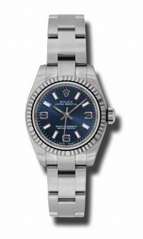 Rolex No Date Blue Arabic Stick Dial 18k White Gold Fluted Bezel Stainless Steel Oyster Bracelet Ladies Watch 176324BLASO