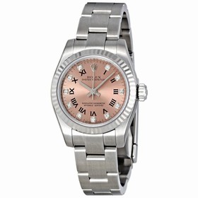 Rolex Oyster Perpetual Pink Roman Numeral and Diamond Dial Fluted 18kt White Gold Bezel Ladies Watch 176234PRDP