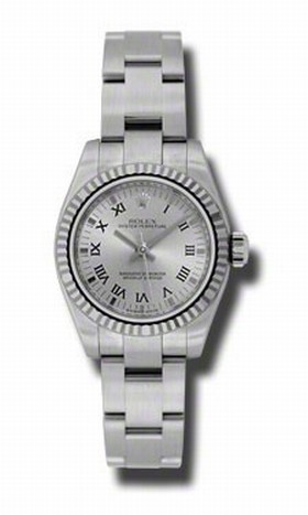 Rolex No Date Rhodium Roman Dial 18k White Gold Fluted Bezel Stainless Steel Oyster Bracelet Ladies Watch 176324RRO
