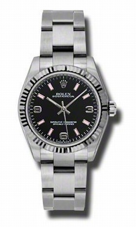 Rolex No Date Black Arabic and Pink Stick Dial 18k White Gold Fluted Bezel Oyster Bracelet Watch 177234BKAPSO