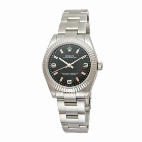 Rolex No Date Black Arabic Dial 18k White Gold Fluted Bezel Ladies Watch 177234BKSAO