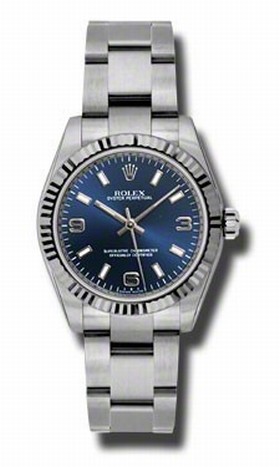 Rolex No Date Blue Arabic and Stick Dial 18k White Gold Fluted Bezel Oyster Bracelet Watch 177234BLASO