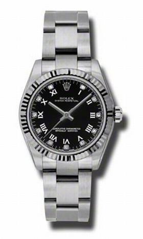 Rolex Oyster Perpetual Black Diamond Dial 18kt Fluted White Gold Bezel 31 MM Unisex Watch 177234BKDO