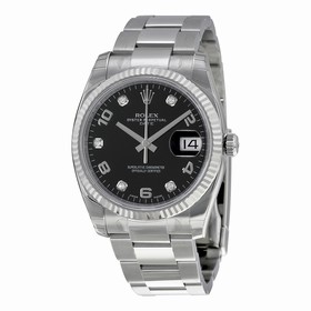 Rolex Oyster Perpetual Date Black Dial Fluted 18k White Gold Bezel Men's Watch 115234BKADO