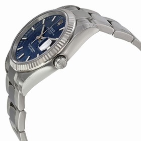 Rolex Oyster Perpetual Date Blue Dial Fluted 18kt White Gold Bezel Watch 115234BLSO