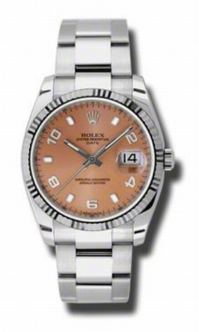 Rolex Oyster Perpetual Date Pink Dial Fluted 18k White Gold Bezel Men's Watch 115234PASO