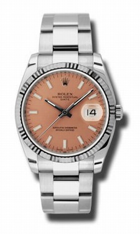 Rolex Oyster Perpetual Date Pink Dial Fluted 18k White Gold Bezel Men's Watch 115234PSO