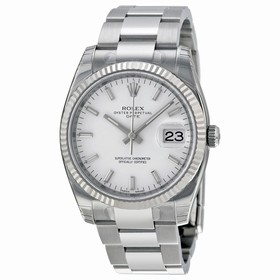 Rolex Oyster Perpetual Date White Dial Fluted 18kt White Gold Bezel Men's Watch 115234WSO