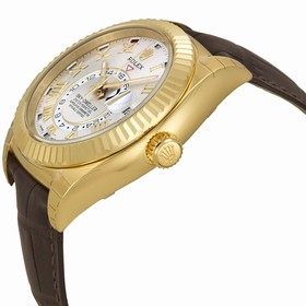 Rolex Sky Dweller Silver Dial 18kt Yellow Gold Brown Leather Men's Watch 326138