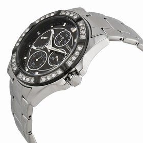 Seiko Black Dial Chronograph Stainless Steel Crystal Trim Bezel Ladies Watch SRLZ93