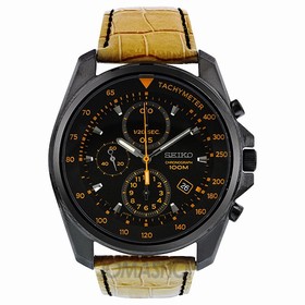Seiko Chronograph Black Dial Black PVD Tan Leather Men's Watch SNDD69