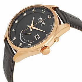 Seiko Kinetic Black Dial Rose Gold-tone Black Leather Men's Watch SRN054