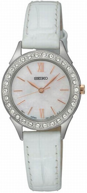 Seiko Mother of Pearl Dial White Leather Ladies Quartz Watch SXGP33