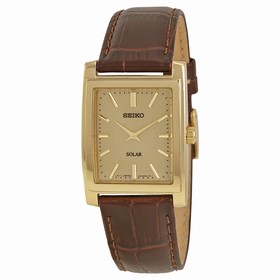 Seiko Solar Quartz Brown Leather Champagne Dial Men's Watch SUP896