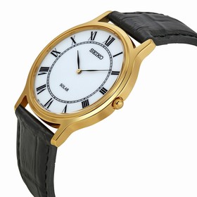 Seiko Solar White Dial Black Leather Men's Watch SUP878