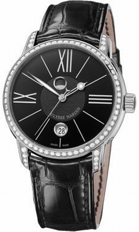 Ulysse Nardin Classico Luna Black Dial Stainless Steel Diamond Black Alligator Leather Men's Watch 8293-122B-2-42