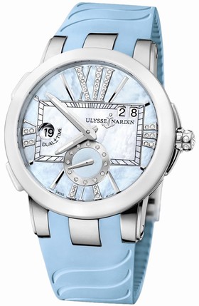 Ulysse Nardin Executive Dual Time Blue Mother of Pearl Diamond Dial Blue Rubber Ladies Watch 243-10-3-393
