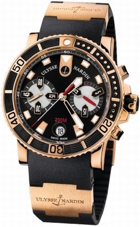 Ulysse Nardin Maxi Marine Diver Chronograph Black Dial 18 Carat Rose Gold Case Black Rubber Band Men's Automatic Watch 8006-102-3a/92