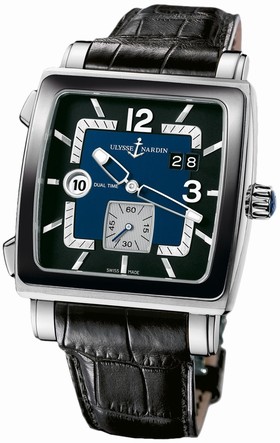 Ulysse Nardin Quadrato Blue and Black Dial Stainless Steel Black Leather Men's Watch 243-92CER-632