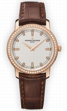Vacheron Constantin Traditionnelle Silver Dial Diamond Beige Leather Ladies Watch 25558000R-9406